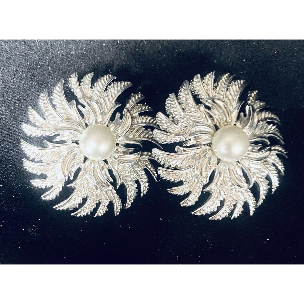 Vintage Cathe Silver Tone Feather Pearl Clip On Earrings 1960s MCM Statement